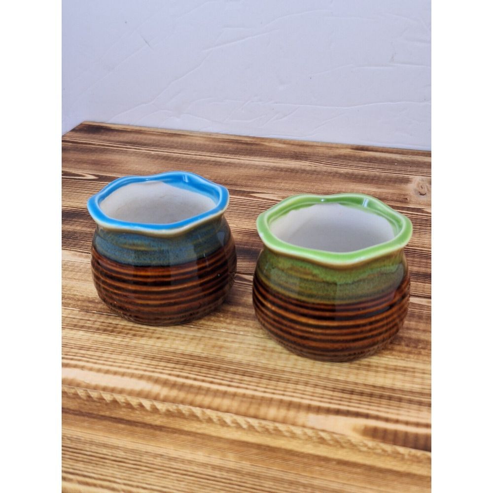 Set Of 2 Art Pottery Ruffled Edge Blue Green Glazed Mini Potters With Drain Hole